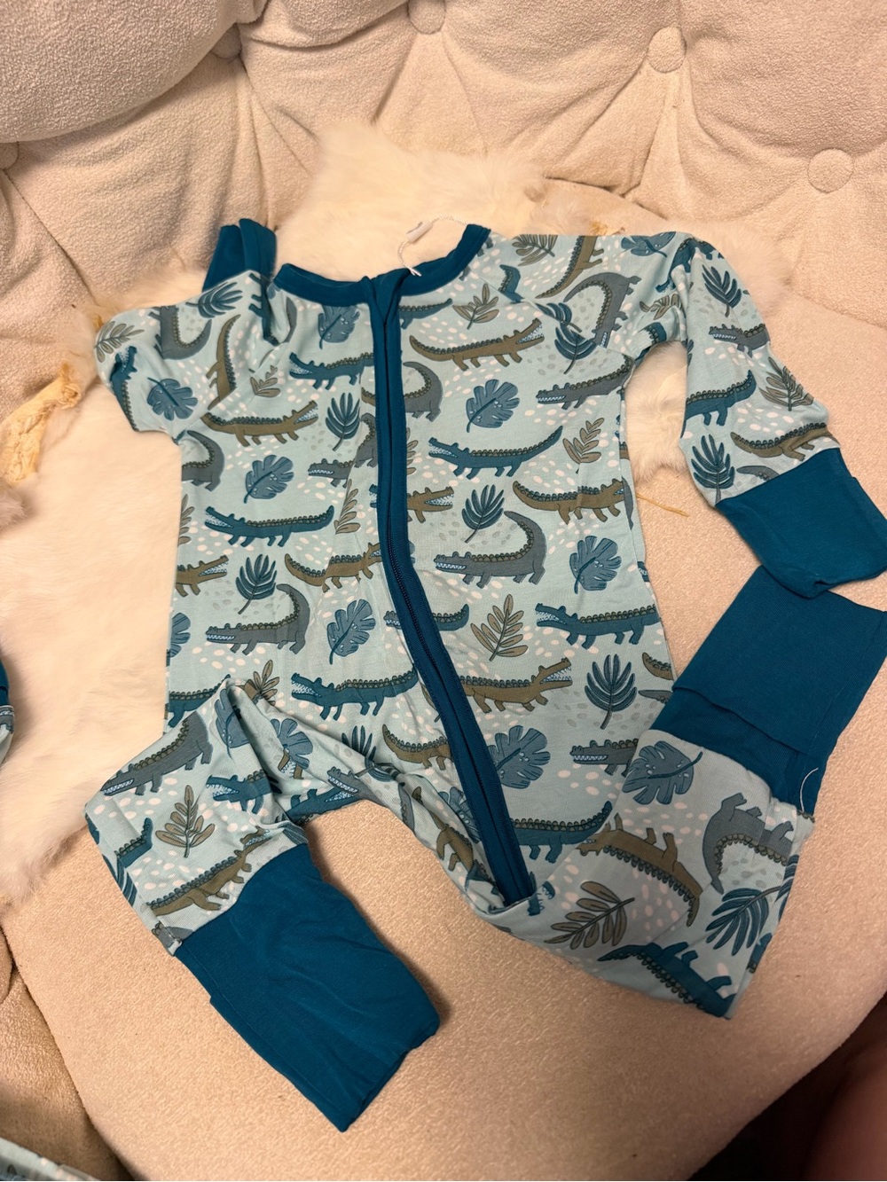 Blue Alligator Print Baby Footie One-Piece